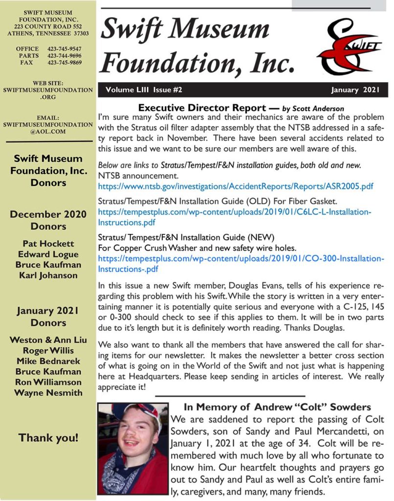 Jan 2021 Swift Museum Foundation Newsletter
